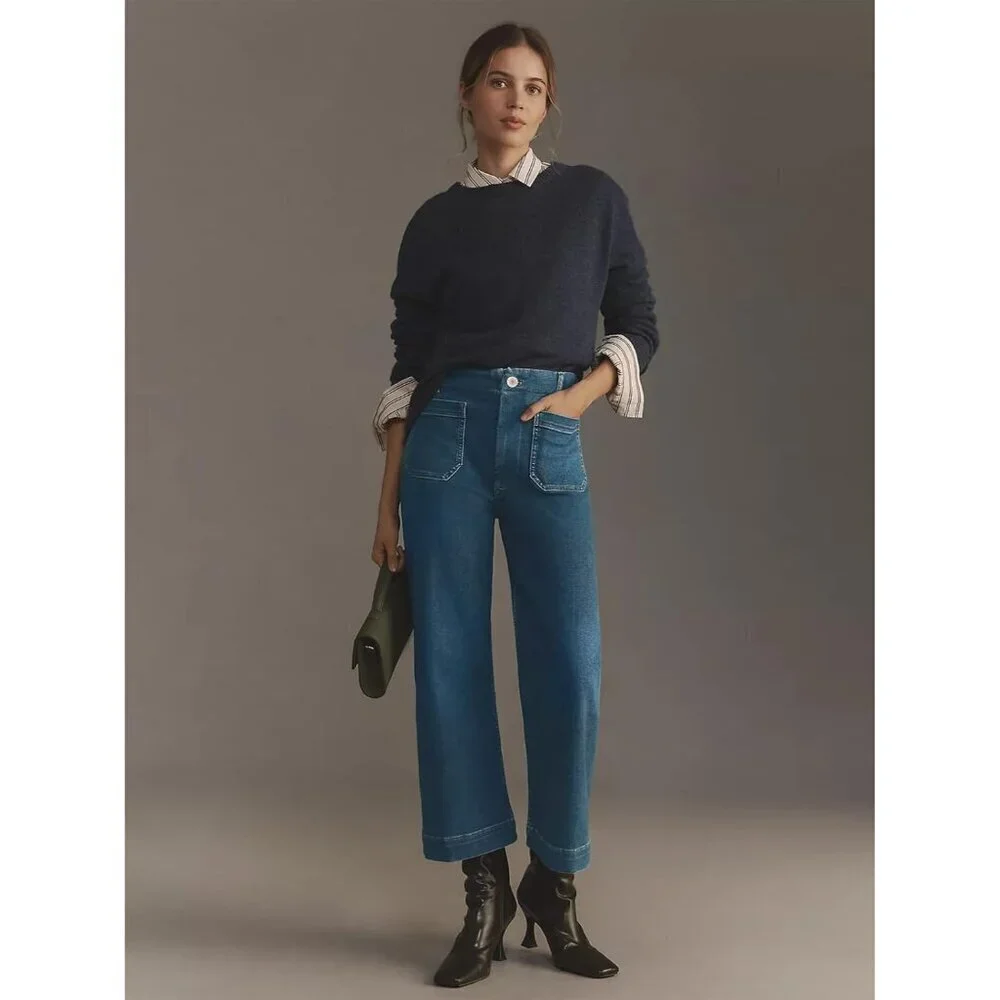 Women’s Wide Leg High Waisted Denim Jeans Stretchy Baggy Ankle Casual